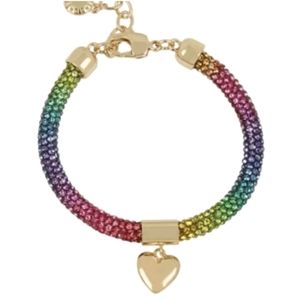 New! BETSEY JOHNSON "One Love" Rainbow Swarovski Crystal Heart Charm Bracelet.